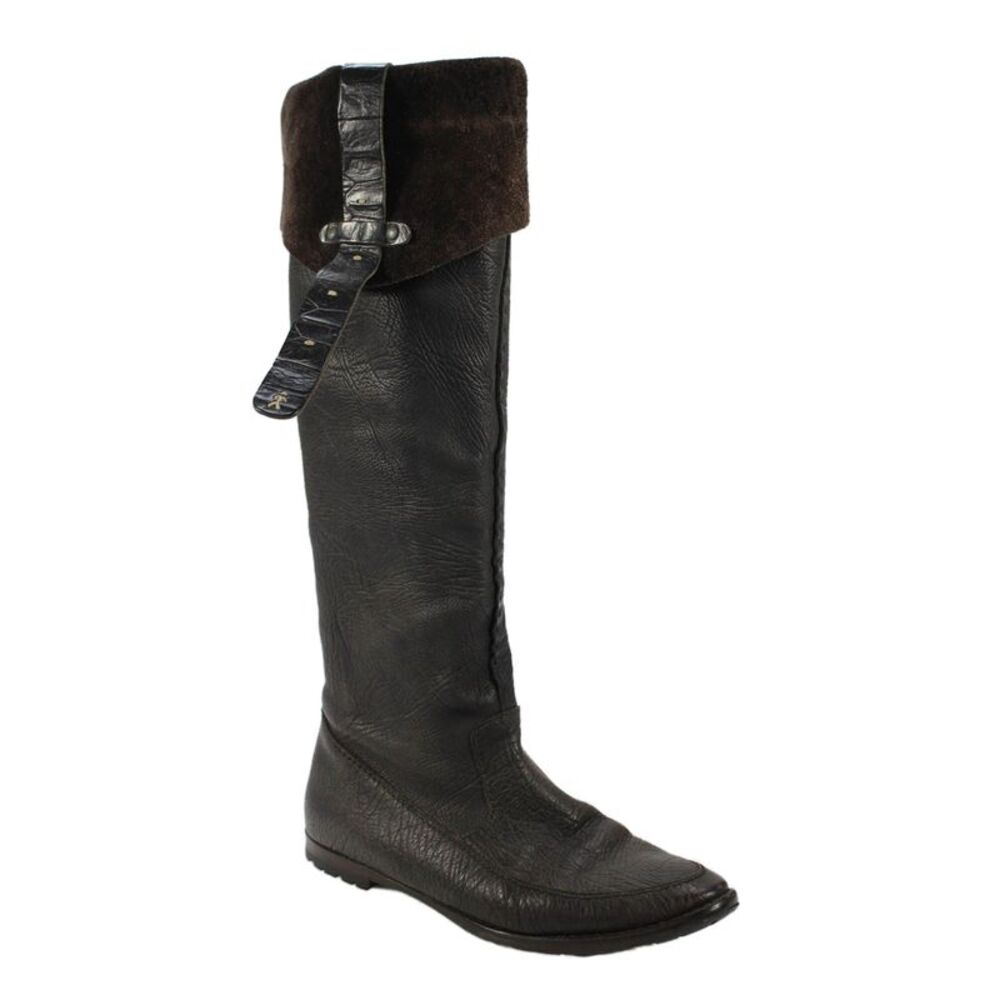 Henry Beguelin Womens Leather Cuff Detail Knee High Boots Brown Size 8.5